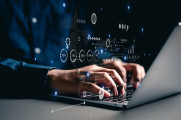 technology, laptop, graph, chart, personal, pie chart, progress, information, dashboard, business. typing keyboard to view dashboard of business progress. that has graph chart progress bar is showing.