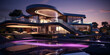 Edles luxuriöses Anwesen Haus mit moderner lila Beleuchtung in der Nacht, ai generativ