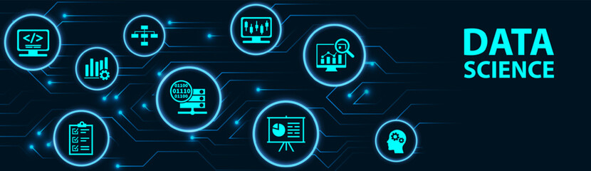 Fototapete - Data science banner web icon for Computer Science and insight, Ai, Big Data, algorithm, analyze, Statistic, knowledge, Deep and machine learning. minimal vector infographic concept.