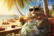 © 미정 김 - Fat cat wearing sunglasses in tropical outfit drinking cocktail on summer vacation Generative AI