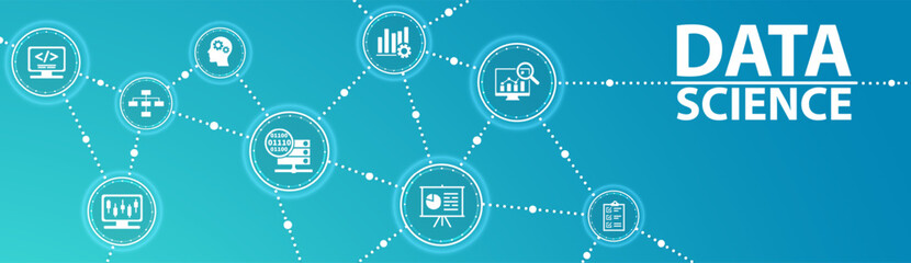 Fototapete - Data science banner web icon for Computer Science and insight, Ai, Big Data, algorithm, analyze, Statistic, knowledge, Deep and machine learning. minimal vector infographic concept.