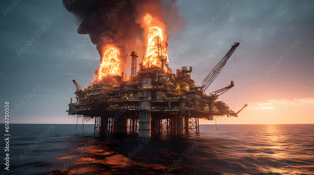 Exploding Water Oil Rig Oil rig burning, Gas fire explosion on at sea water, sunset light ...