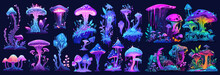 Fantasy Flowers, Fantasy Jungle Sparkling Flowers, Strange Trees With Glowing Colorful Leaves Trees, And Mushrooms From Alien World Or Planet. Isolated On A Black Background. Vector Illustration