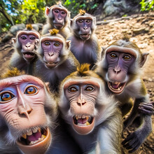 Captivating Group Of Playful Monkeys Taking A Fun, Amusing Selfie From A High Angle, Evoking Delightful Emotions And Laughter. License For Unique Charm! Generative AI