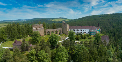 Wall Mural - Aerial view of Velhartice castle in Bohemia with two Gothic palaces connected by a unique stone bridge