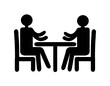 © drcmarx - A flat black drawing of two stick people sitting at a table, isolated on a white background.