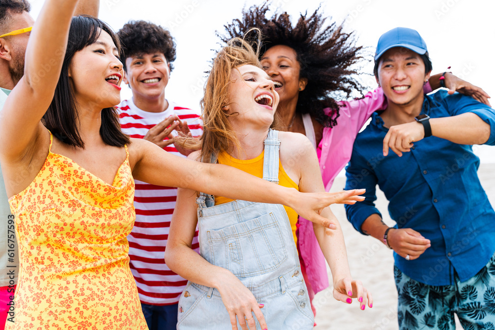 Group of young best friends bonding outdoors - Multiracial happy people ...