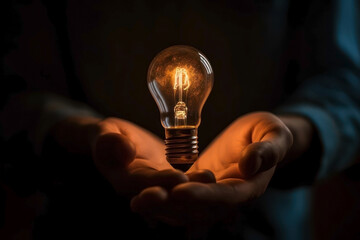 Light bulb in the hands of a man. Idea concept. The concept of electricity consumption. 