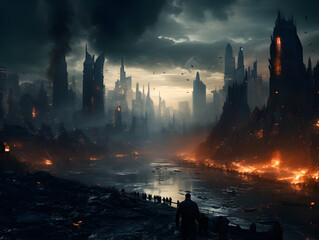 Wall Mural - destroyed city with fires, explosions and collapsing structures after war. ai generated