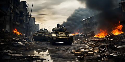 Wall Mural - destroyed town with collapsing structures after war. ai generated