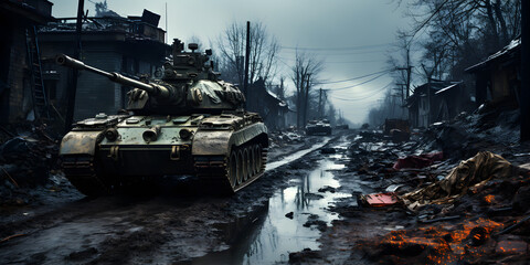Wall Mural - destroyed town with collapsing structures after war. ai generated