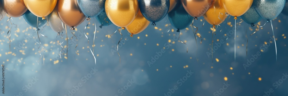 Holiday background with golden and blue metallic balloons, confetti and ...