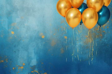 holiday background with golden and blue metallic balloons, confetti and ribbons. festive card for bi