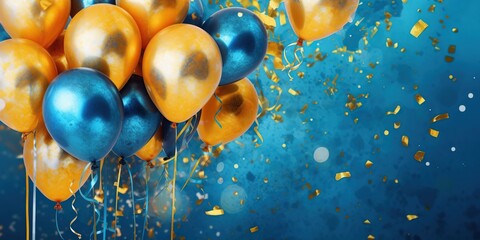 Wall Mural - Holiday background with golden and blue metallic balloons, confetti and ribbons. Festive card for birthday party, anniversary, new year, christmas or other events. Created with generative Ai