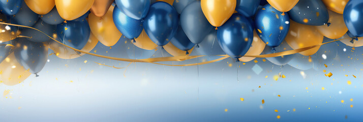 Wall Mural - Holiday background with golden and blue metallic balloons, confetti and ribbons. Festive card for birthday party, anniversary, new year, christmas or other events. Created with generative Ai