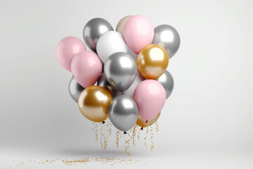 Wall Mural - Shiny pink, white, silver and golden balloons on grey background. Card for christmas, wedding, birthday, woman's day, mothers day, valentine's day. Created with generative Ai