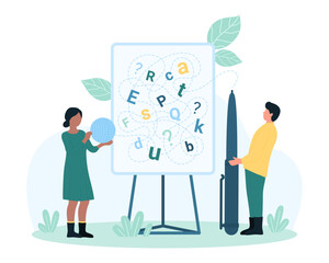 Dysgraphia, disability disorder and problem of learning vector illustration. Cartoon tiny people holding pen and thread to write and unravel puzzle with letters of English alphabet on white board
