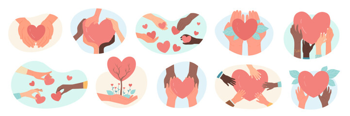 hands hold hearts set vector illustration. cartoon isolated multiethnic palms of human hands give su