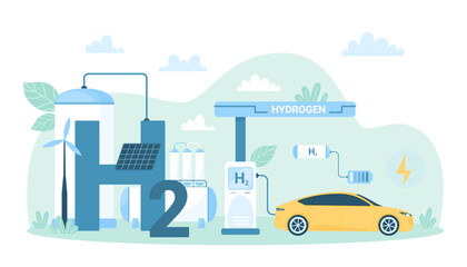 Refueling with green hydrogen fuel of eco friendly car at station, industrial infographic vector illustration. Cartoon vehicle with H2 or hybrid engine charging with energy from sustainable sources