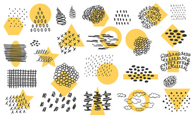 Modern abstract collection Collage minimal design set in trendy pop art style. Hand drawn black ink skrubble with simple geometric yellow forms Star, square, circle, ring, triangle Vector illustration