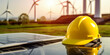 © Nick Freund - Windkraftanlage in Hintergrund mit Sicherheit Bau Helm blau, ai generativ
