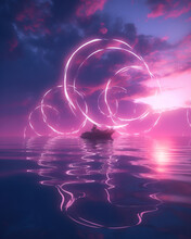 Purple Fantasy Landscape. Magic Evening Calming Scene. Strange Luminous Substances, Calm Expanse Of The Lake. Generative AI Illustration.