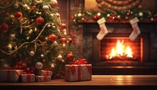 Christmas Tree With Decorations Near A Fireplace With Lights