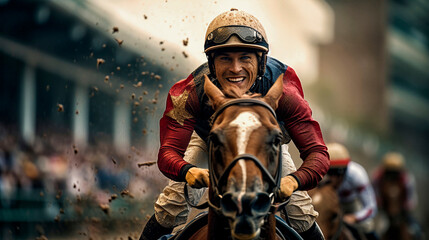 Jockey on horseback entering first in the Kentucky Derby. Face of joy. 2