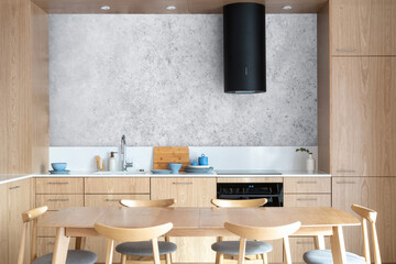 stylish kitchen room with wooden furniture in contemporary apartment