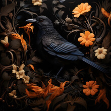 Raven On A Dark Floral Background.