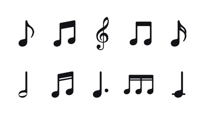 Minimalistic musical notes sign set.  Melody and music sign fill pictogram vector icons.