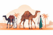 Eid Al Adha Mubarak Arabic Man With A Camel And Goat,caw. Creative Vector Illustration Design