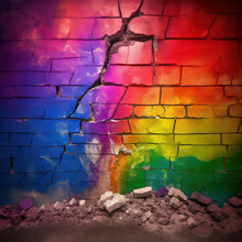 Abstract LGBT Pride Flag Painted On Cracked Wall With Fluorescent Rainbow Colors. Symbol Of Rupture Of Social Structures. Coming Out Concept
