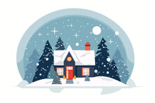 Merry Christmas Home. Christmas Beautiful, Cute, Wonderful House. Snow Covered House. Family Celebration. Night Before Christmas At Home.