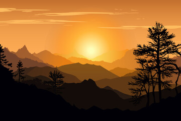 Wall Mural - Gorgeous vector landscape of mountains and forests at sunrise. Beautiful sunrise over the mountains. Yellow rays of the sun. The concept of travel, hiking, camping.