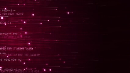 Horizontal neon beams. Movement of numbers and glowing particles on red technology background. Points and pixels in lines. Looped animation.
