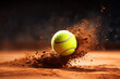 A close up of a tennis ball  hitting on a caly court with intensity creating a burst of clay particles in the air.