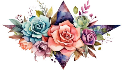  Watercolor bouquets triangle frame, for invitation cards, wedding invitations, fashion backgrounds, DIY textures, greeting cards, wallpaper, Generative ai