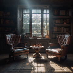 Classical library room with chess board on the table and old books on shelves