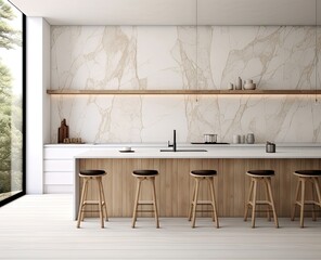 Wall Mural - white kitchen with a kitchen island and stools Generative AI