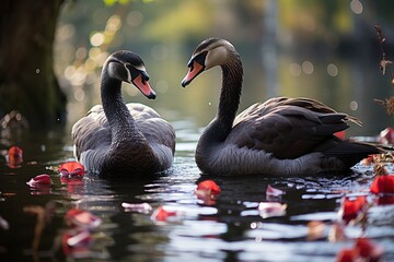 two black swans in the national park. generative ai