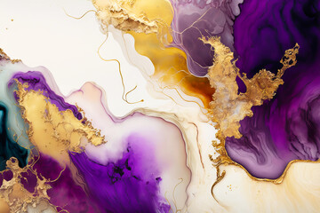 Wall Mural - Fluid Art. Liquid purple ink and gold metallic abstract drips and wave. Generative AI illustration