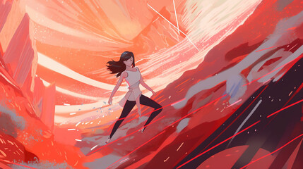 Wall Mural - an abstract action pose of a woman in a cartoon anime world, ai generated image