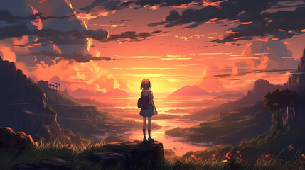 Wall Mural - an impressive sunset scene in a fantasy world with an anime girl standing in front , ai generated image