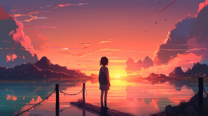 Wall Mural - a young lonely anime girl standing at a lake at sunset, ai generated image
