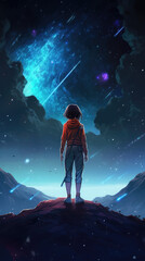 Wall Mural - a girl watching a beautiful impressive night with a lot of stars, vertical anime screen wallpaper, ai generated image