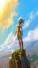 Wall Mural - a scifi cybperunk inspired anime girl in a tech suit standing on top of a hill watching the sunset, vertical screen artwork, ai generated image