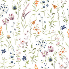 botanical seamless pattern with of abstract delicate branches with small simple flowers, watercolor 