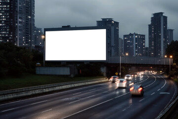 Advertising billboard white screen beside the expressway with car motion blur, generative ai