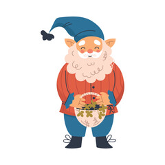 Wall Mural - Funny Gnome Character with Beard Golding Basket with Plant Vector Illustration